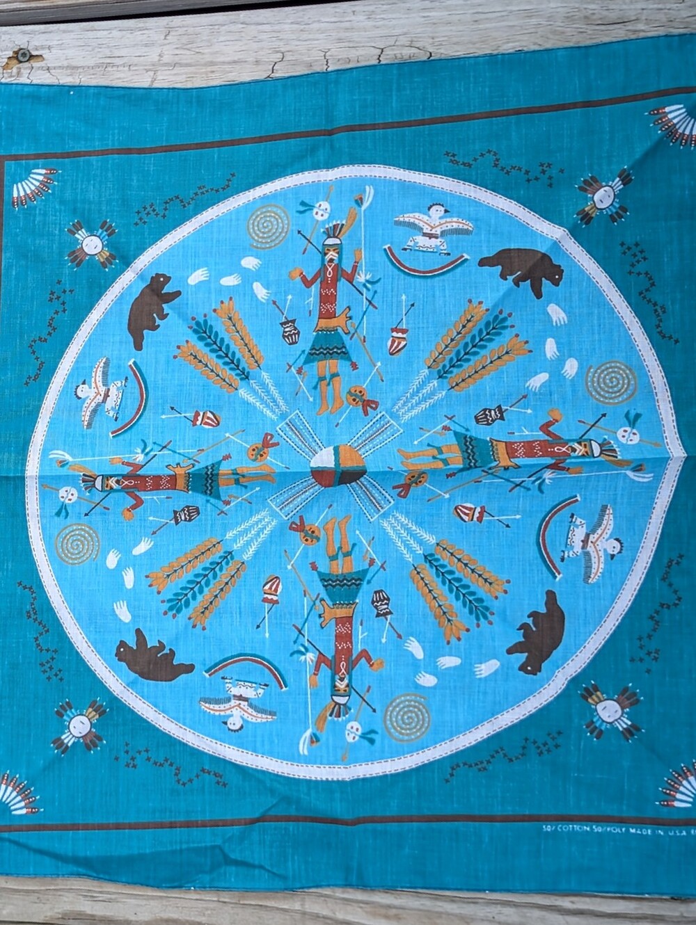 Vintage Teal Southwestern Tribal Navajo Kachina Print Bandana Scarf USA Like New